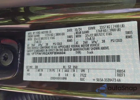 2024 Ford F-150 Raptor z USA, uszkodzony, nr VIN 1FTFW1RGXRFB96604